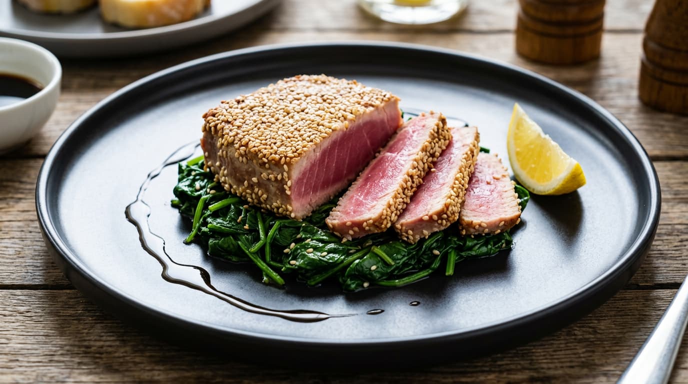 Sesame-Crusted Tuna with Sautéed Spinach